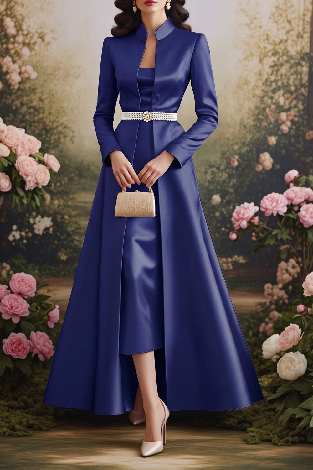 Champagne Formal Set Midi Dress & Maxi Coat with Pearl Belt