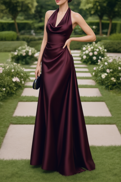 Formal Wedding Guest Dress Burgundy Halter Neck Maxi Satin Dress