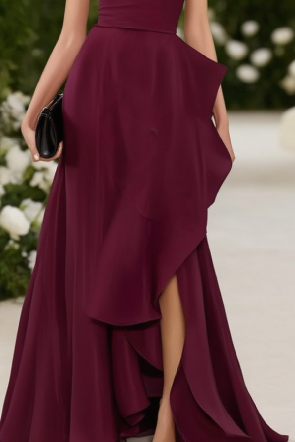 Mother of th Bride Dress Burgundy Strapless Ruffle Maxi Dress