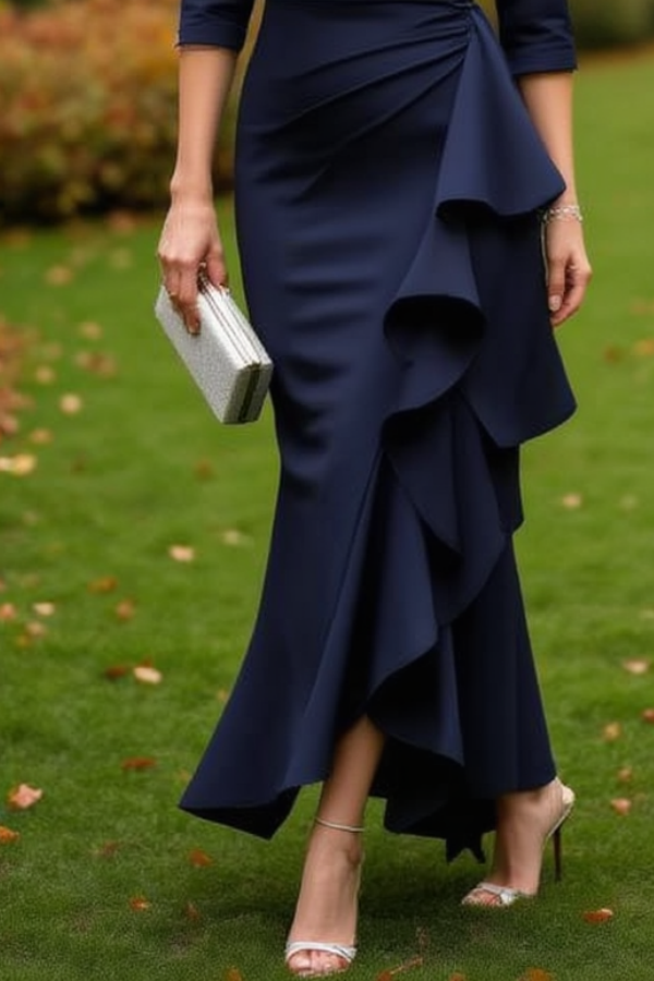 Mother of th Bride Dress Navy V Neck Ruffle Maxi Dress