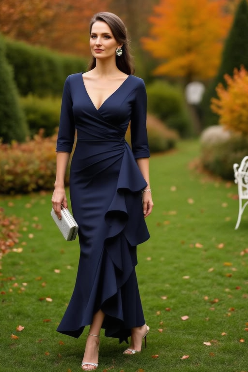 Mother of th Bride Dress Navy V Neck Ruffle Maxi Dress