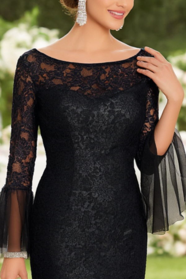 Mother of th Bride Dress Black Crew Neck Lace Maxi Long Sleeve Dress