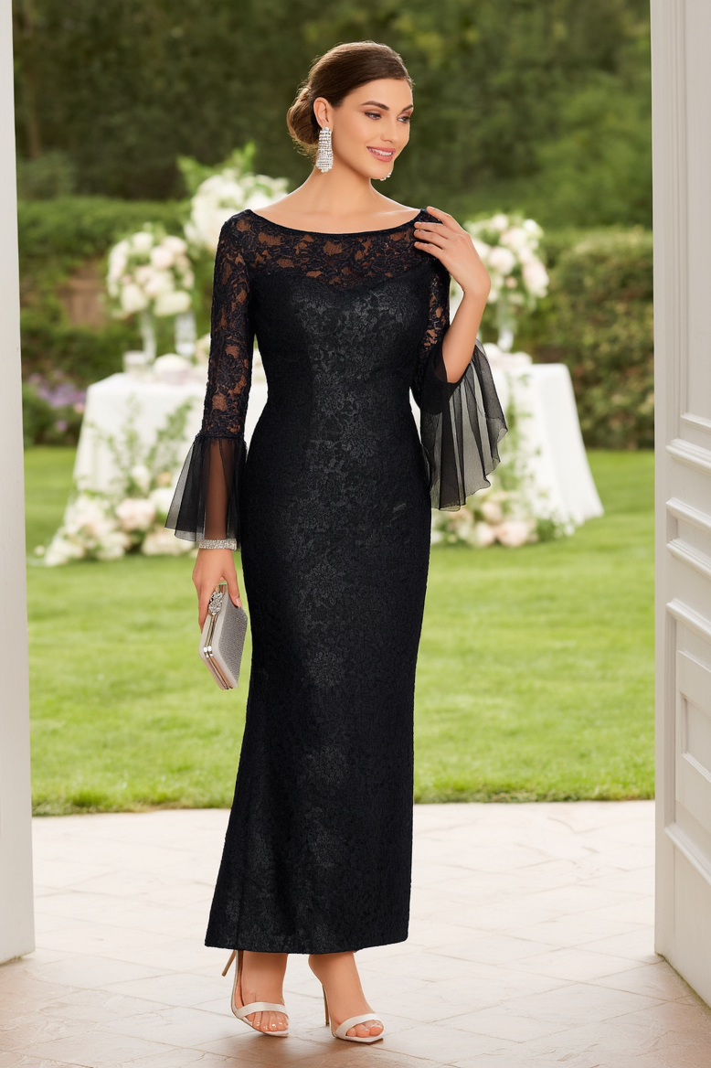 Mother of th Bride Dress Black Crew Neck Lace Maxi Long Sleeve Dress