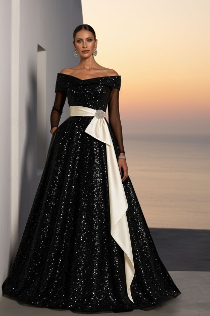 Formal ​Evening Dress Black Off Shoulder Mesh Maxi Dress