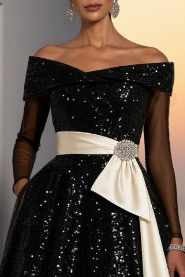 Formal ​Evening Dress Black Off Shoulder Mesh Maxi Dress