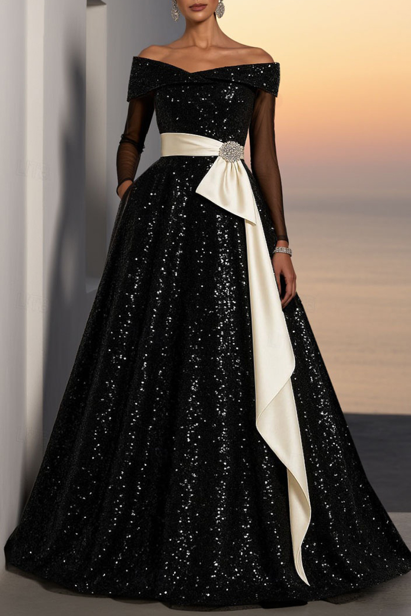 Formal ​Evening Dress Black Off Shoulder Mesh Maxi Dress