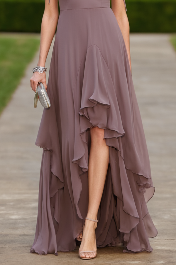 Wedding Guest Dress Purple Spaghetti Strap Ruffle Maxi Dress