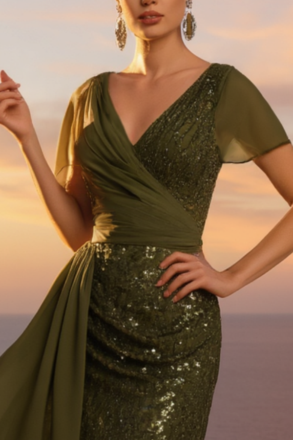 Formal ​Evening Dress Green V Neck Maxi Sequin Dress-chiclody
