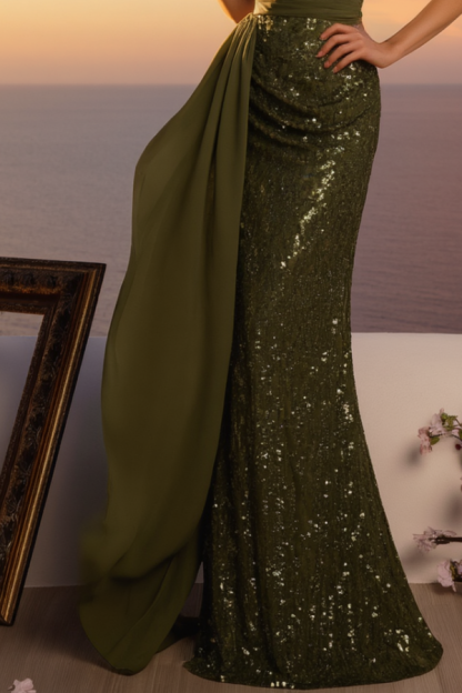 Formal ​Evening Dress Green V Neck Maxi Sequin Dress-chiclody