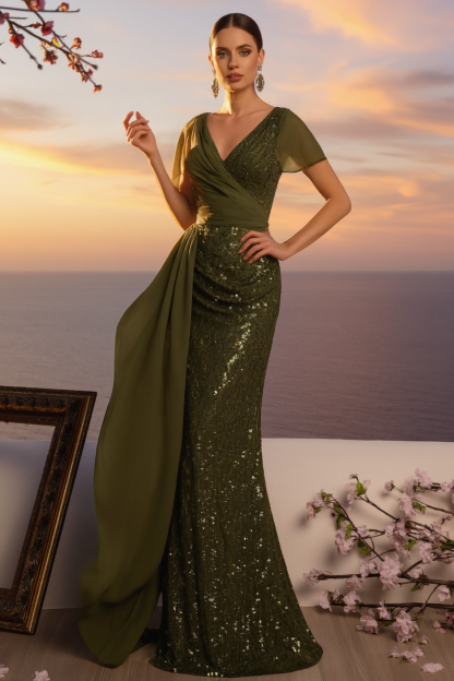 Formal ​Evening Dress Green V Neck Maxi Sequin Dress-chiclody