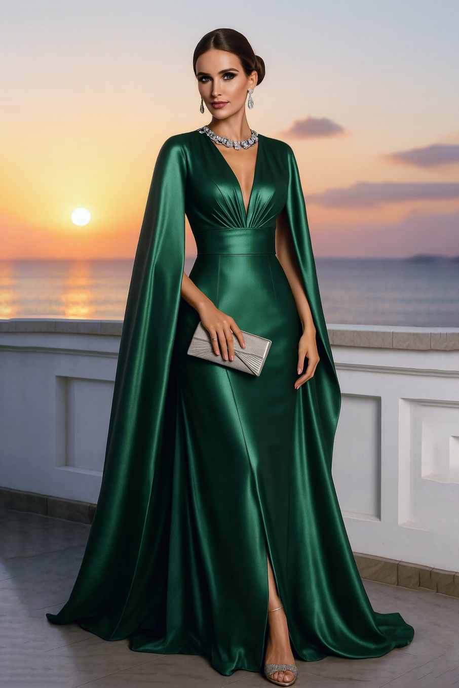 Formal ​Evening Dress Green V Neck Cape Maxi Satin Dress