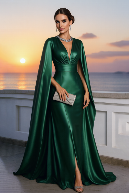 Formal ​Evening Dress Green V Neck Cape Maxi Satin Dress