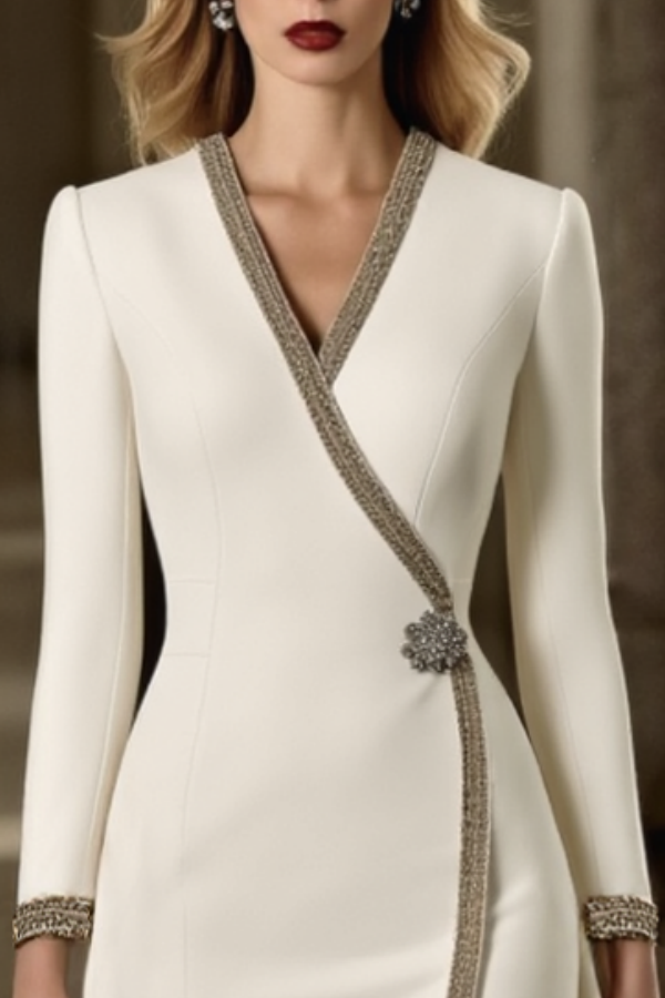 Work Dress White V Neck Long Sleeve Knee-Length Dress