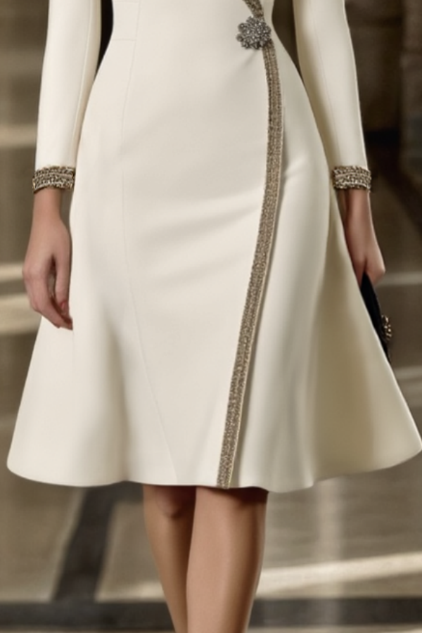 Work Dress White V Neck Long Sleeve Knee-Length Dress