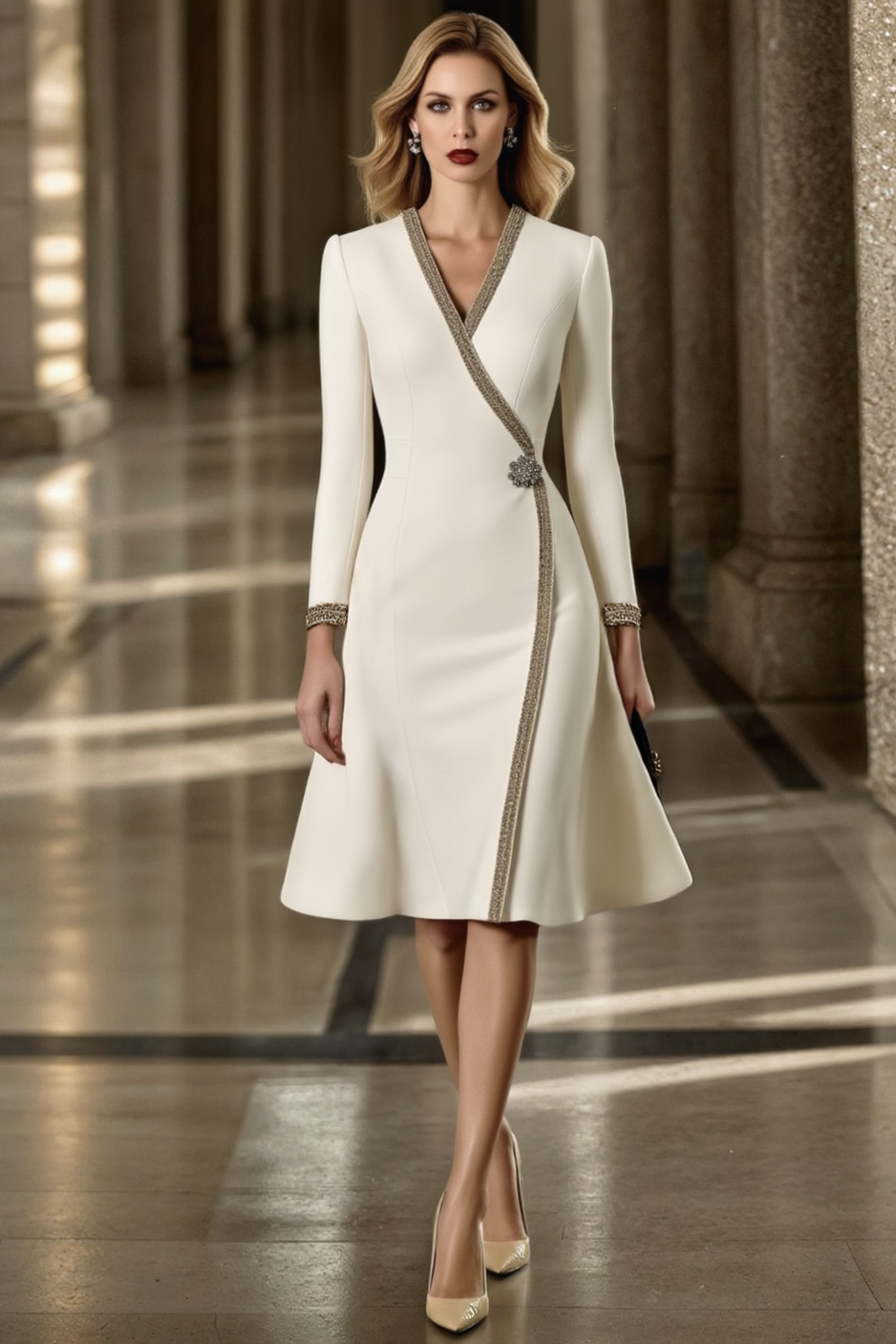 Work Dress White V Neck Long Sleeve Knee-Length Dress