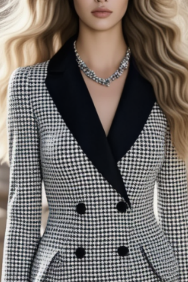 Work Blazer Dress Black White Lapel Plaid Mini Long Sleeve Dress