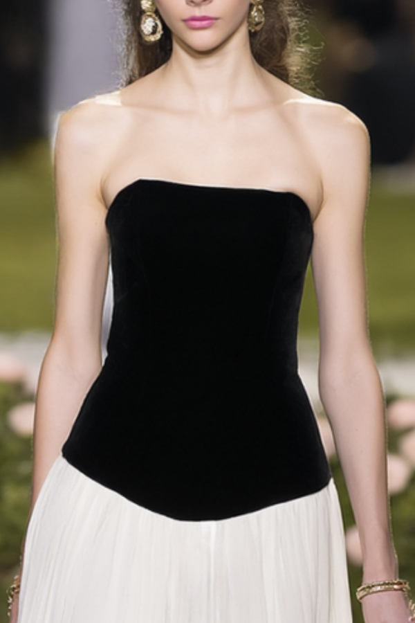 Wedding Guest Dress Black White Strapless Colorblock Maxi Dress