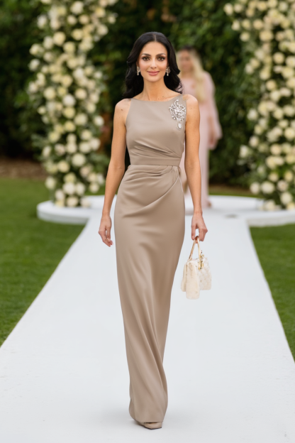 Wedding Guest Dress Khaki Crew Neck Maxi Dress