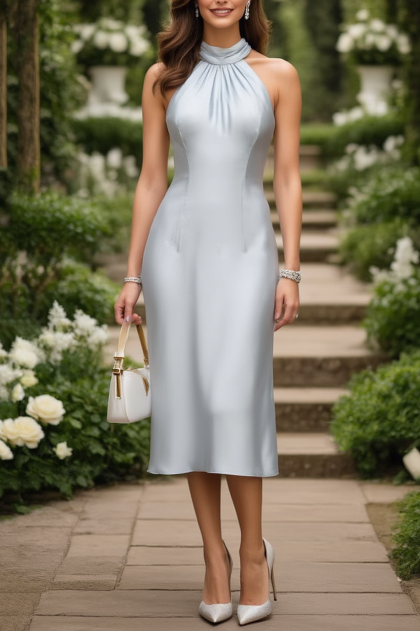 Wedding Guest Dress Blue Halter Neck Midi Dress