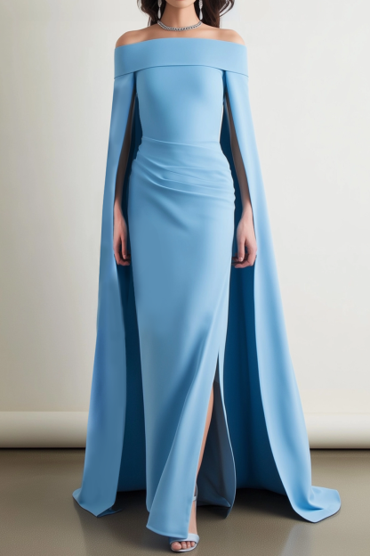 Formal ​Evening Dress Blue Off Shoulder Cape Maxi Dress