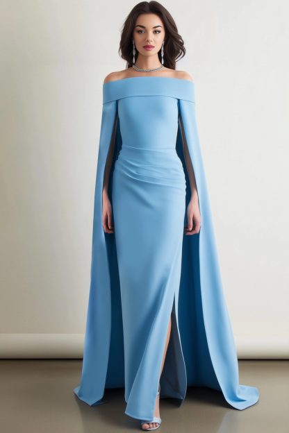 Formal ​Evening Dress Blue Off Shoulder Cape Maxi Dress