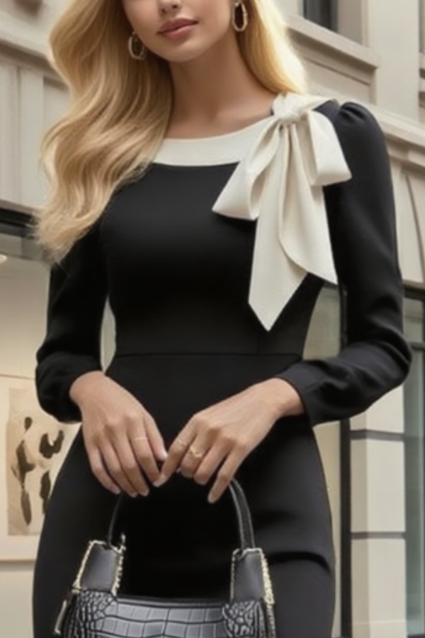 Work Dress Black Crew Neck Bow Knee-Length Sheath Long Sleeve Dress