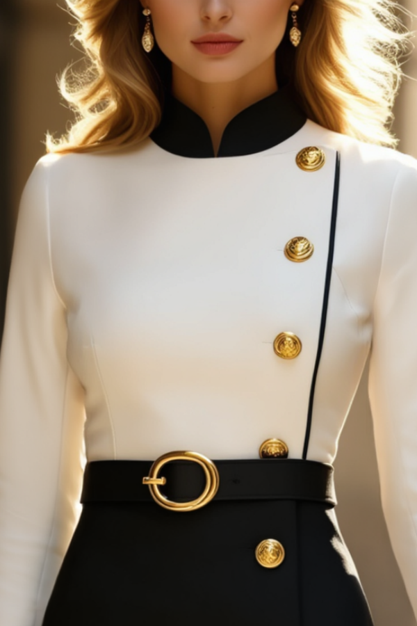 Work Outfit Sets Dress Black White Stand Collar Mini Long Sleeve Dress