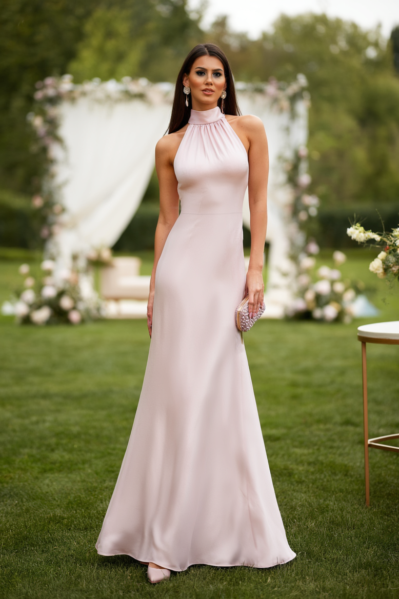 Formal Wedding Guest Dress Pink Halter Neck Sleeveless Maxi Dress