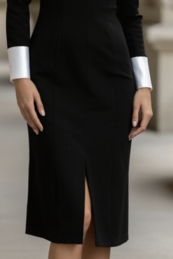 Work Dress Black White Lapel Long Sleeve Knee-Length Dress