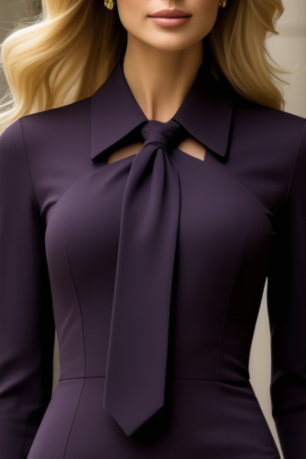 Work Dress Dark Purple Stand Collar Long Sleeve Knee-Length Dress