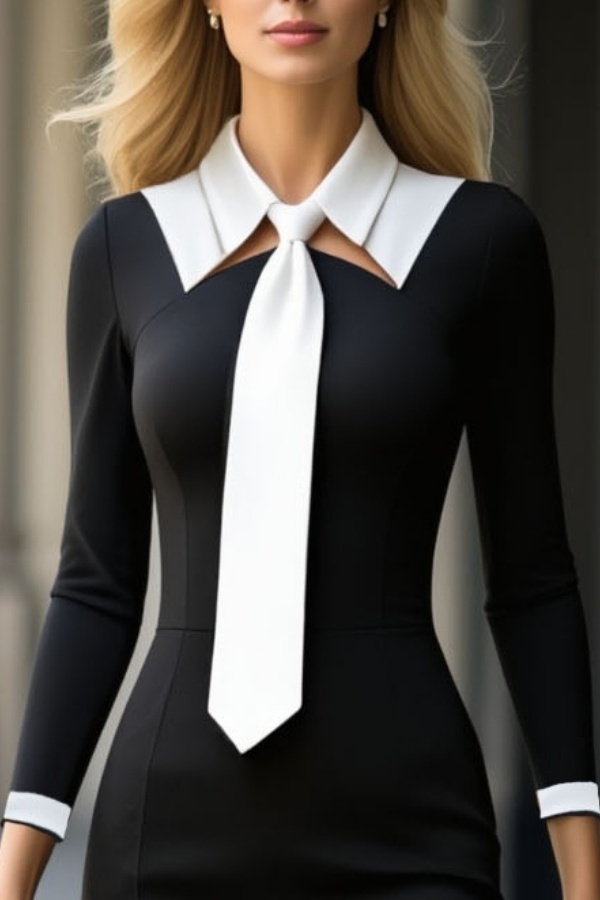 Work Dress Black White Shirt Collar Long Sleeve Knee-Length Dress