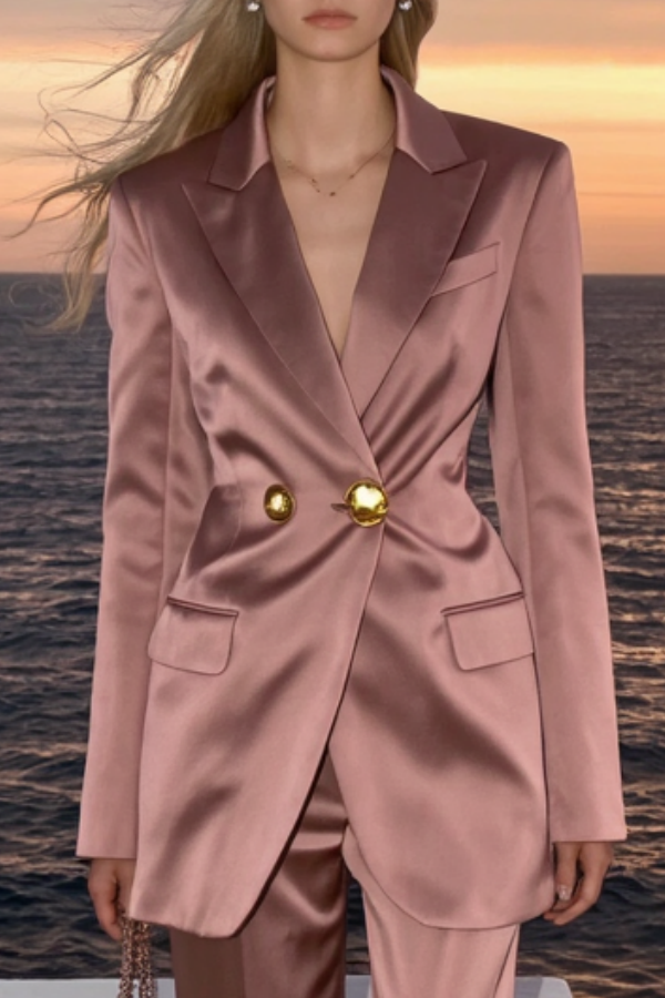 Business Blazer Suit Sets Pink Lapel Long Sleeve Pants Set