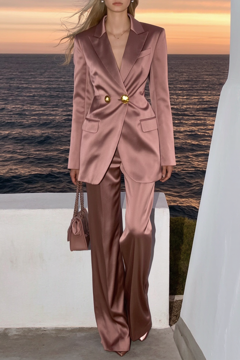 Business Blazer Suit Sets Pink Lapel Long Sleeve Pants Set