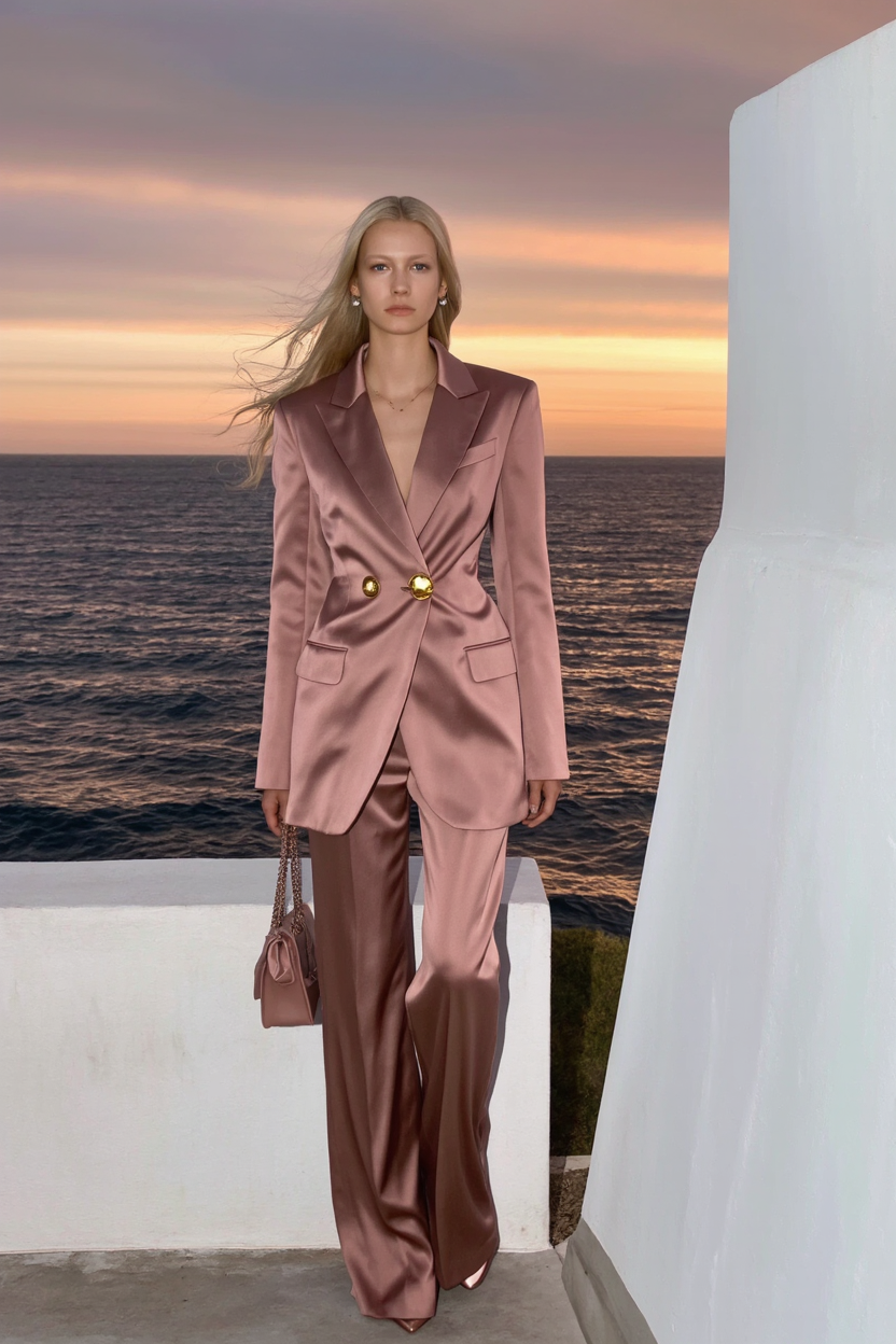 Business Blazer Suit Sets Pink Lapel Long Sleeve Pants Set