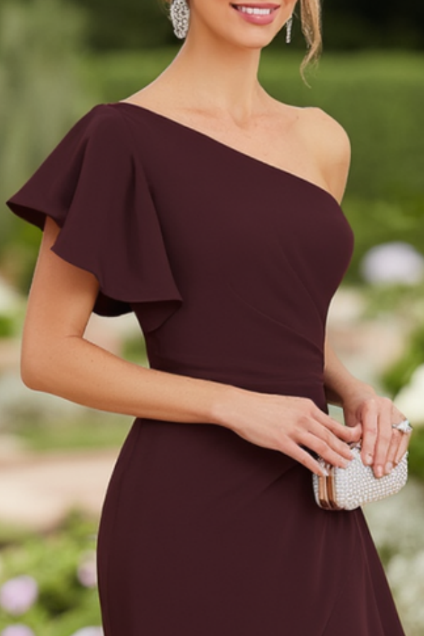 Wedding Guest Dress Brown One Shoulder Ruffle Maxi Dress