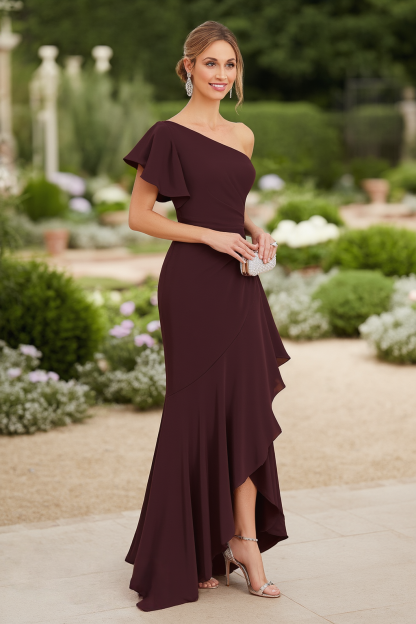 Wedding Guest Dress Brown One Shoulder Ruffle Maxi Dress