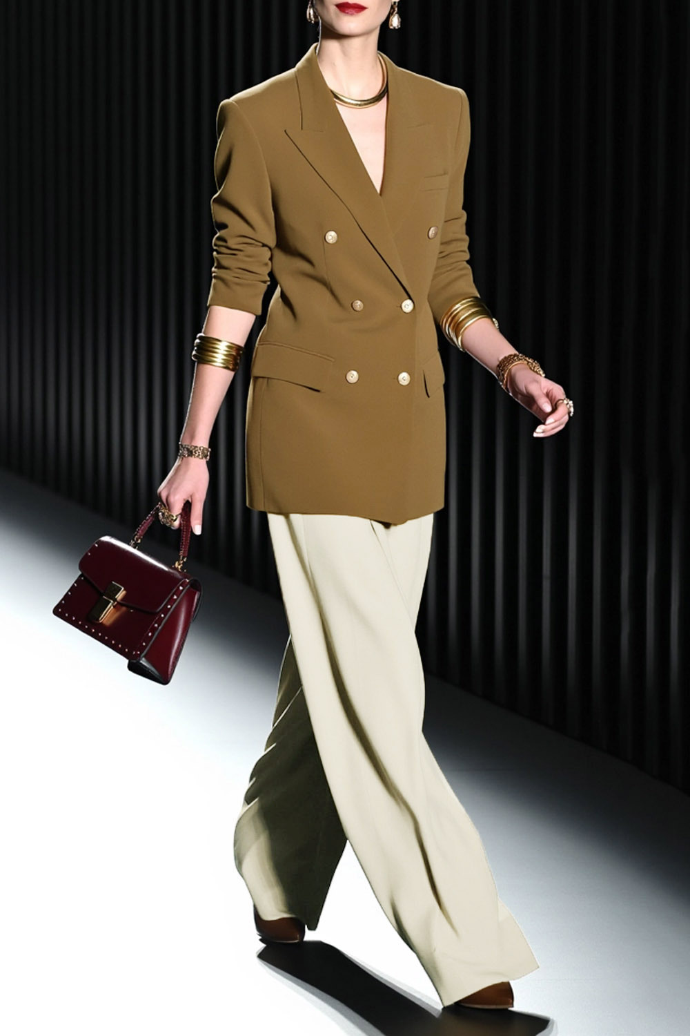 Work Blazer Suit Sets Brown Lapel Long Sleeve Wide-Leg Pants Set