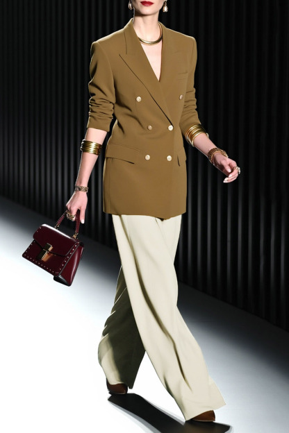 Work Blazer Suit Sets Brown Lapel Long Sleeve Wide-Leg Pants Set