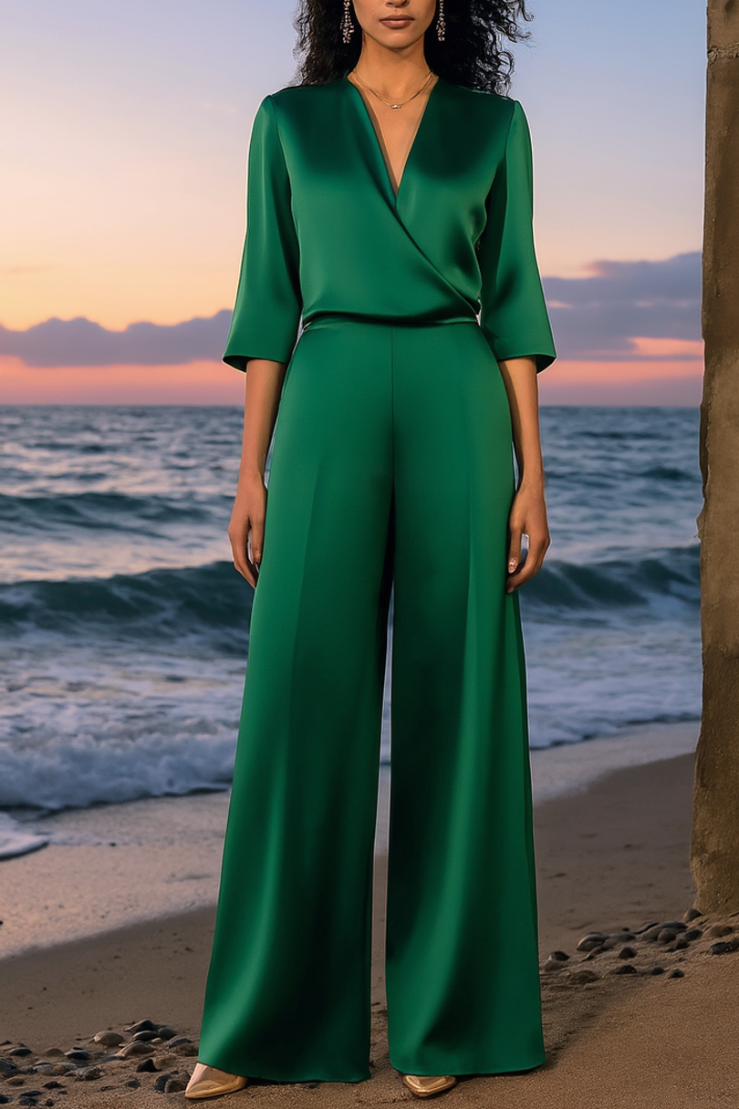 Casual Satin Outfit Sets Green V Neck Wide-Leg Pants Set