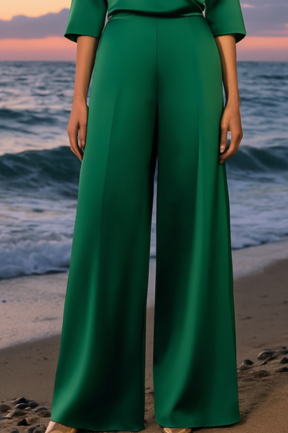 Casual Satin Outfit Sets Green V Neck Wide-Leg Pants Set