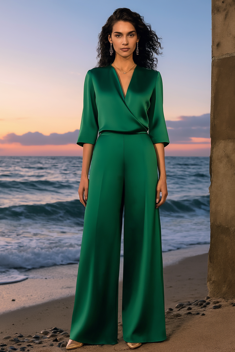 Casual Satin Outfit Sets Green V Neck Wide-Leg Pants Set