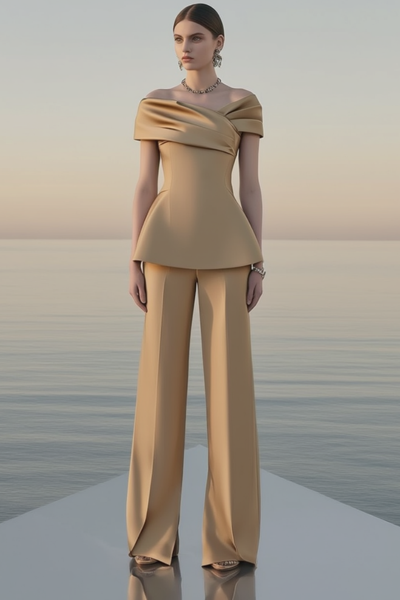 Party Outfit Sets Golden Off Shoulder Straight Pants Set