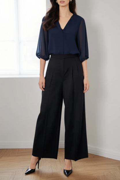 Casual Outfit Sets Navy V Neck Half Sleeve Straight Pants Set