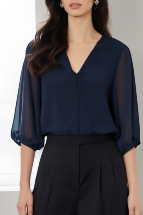 Casual Outfit Sets Navy V Neck Half Sleeve Straight Pants Set