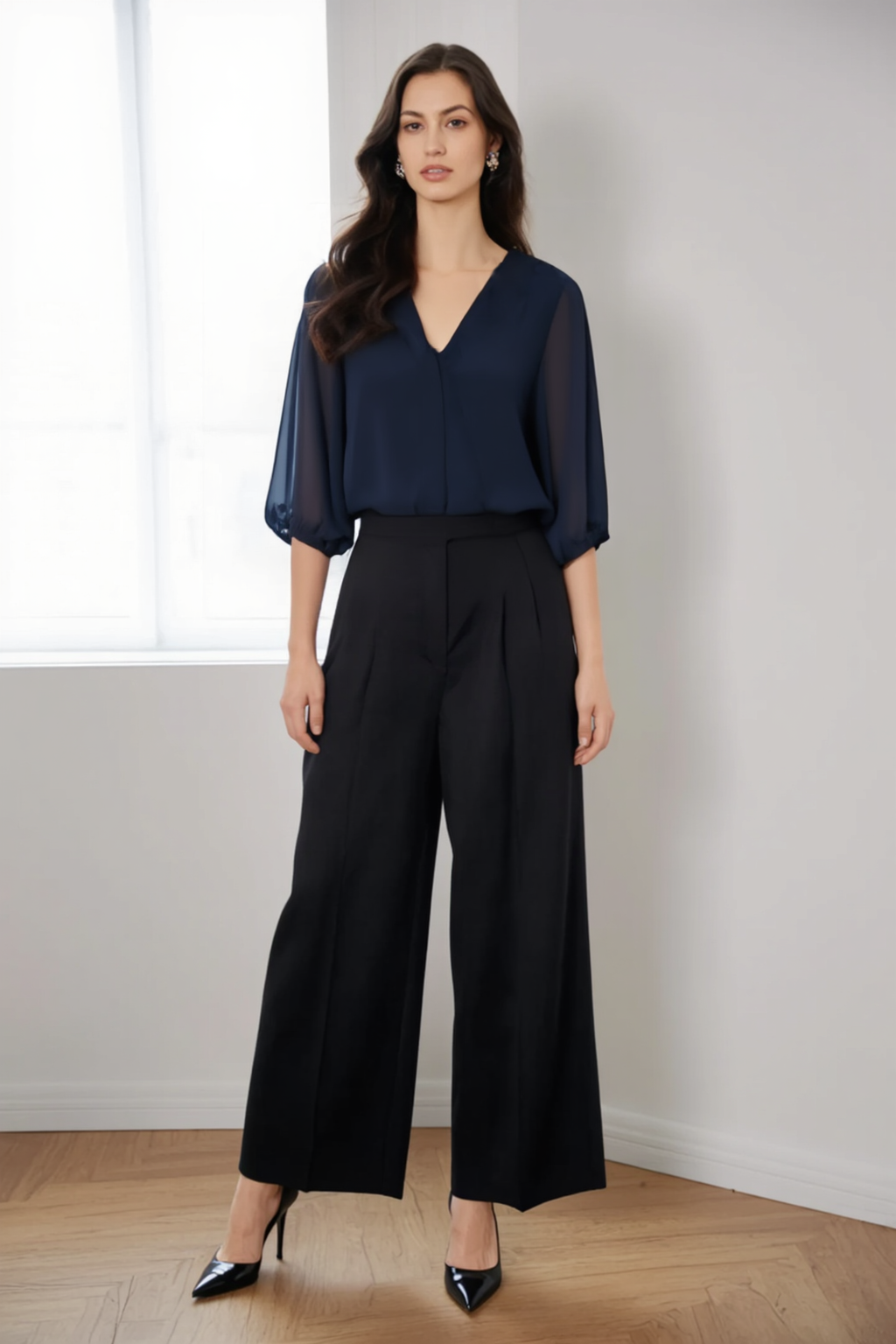 Casual Outfit Sets Navy V Neck Half Sleeve Straight Pants Set