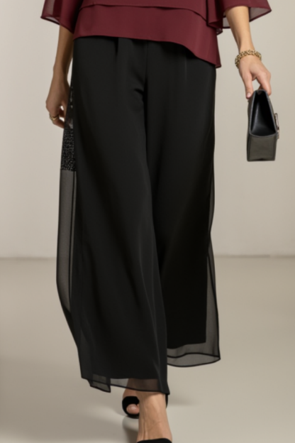 Casual Outfit Sets Burgundy Crew Neck 3/4 Sleeve Wide-Leg Pants Set