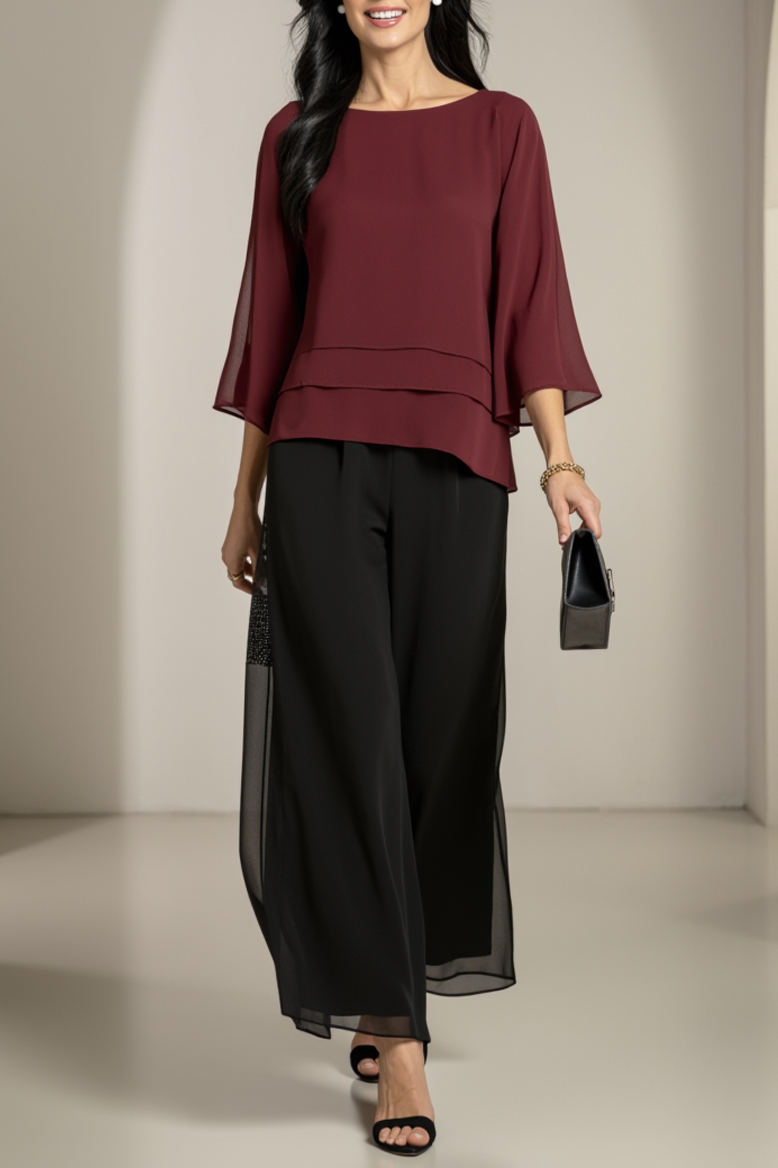 Casual Outfit Sets Burgundy Crew Neck 3/4 Sleeve Wide-Leg Pants Set