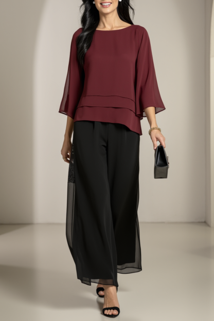 Casual Outfit Sets Burgundy Crew Neck 3/4 Sleeve Wide-Leg Pants Set