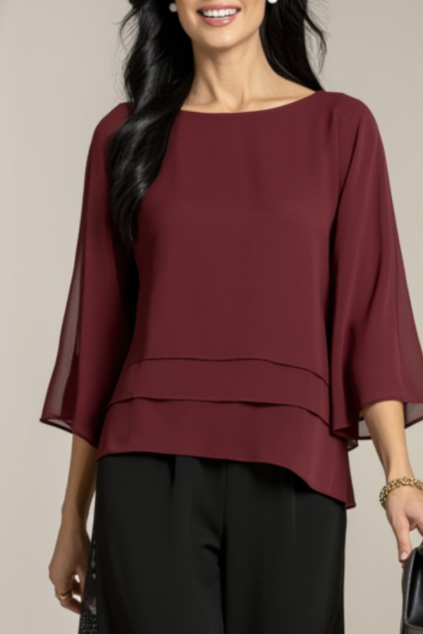 Casual Outfit Sets Burgundy Crew Neck 3/4 Sleeve Wide-Leg Pants Set