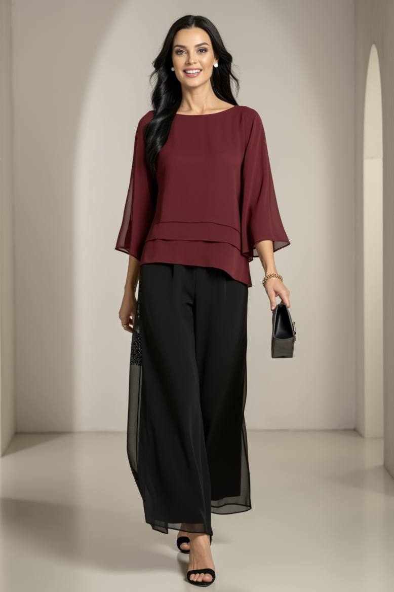 Casual Outfit Sets Burgundy Crew Neck 3/4 Sleeve Wide-Leg Pants Set